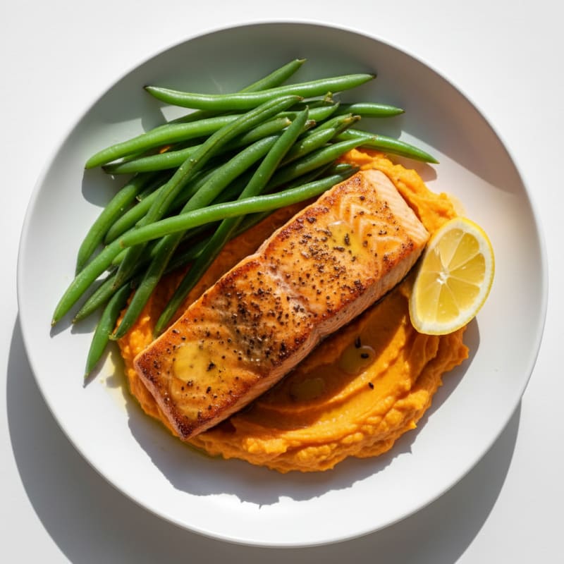 Seared Salmon Fillet with Steamed Green Beans and Sweet Potato Mash