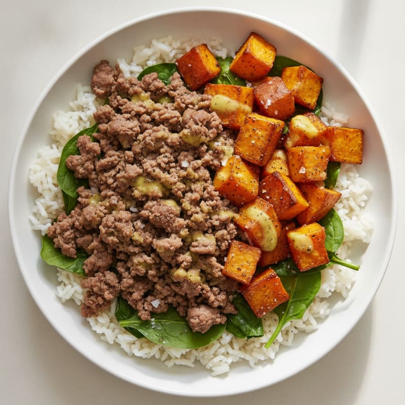 Ground Beef and Roasted Sweet Potato Bowl
