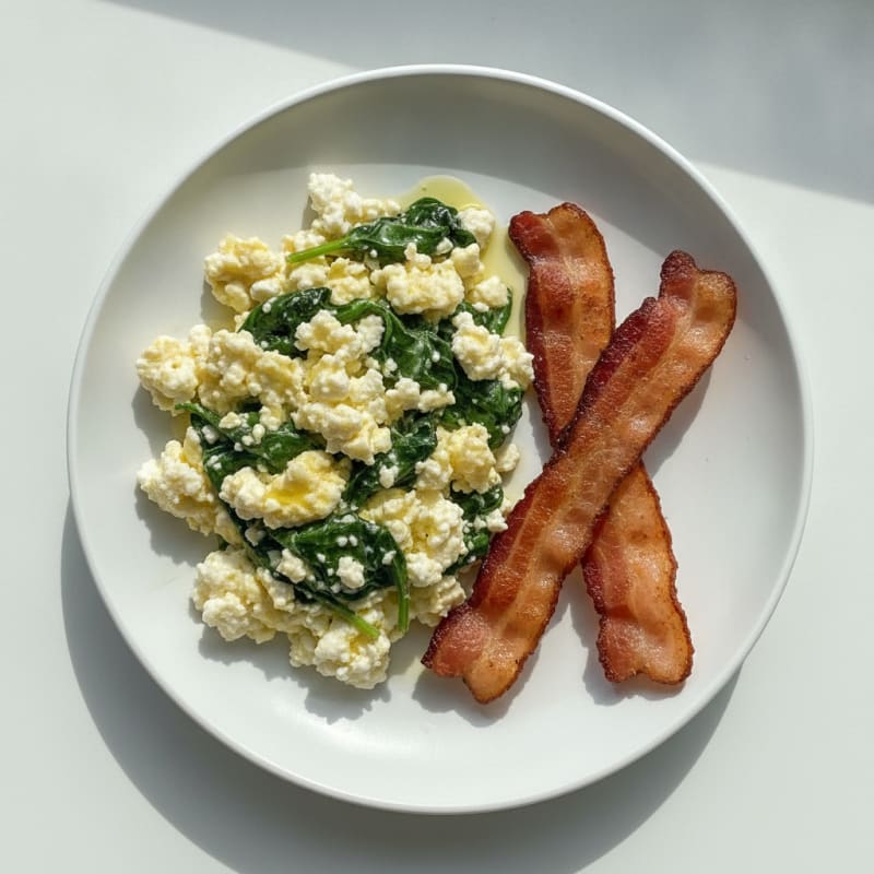 Cottage Cheese Scramble with Spinach and Turkey Bacon