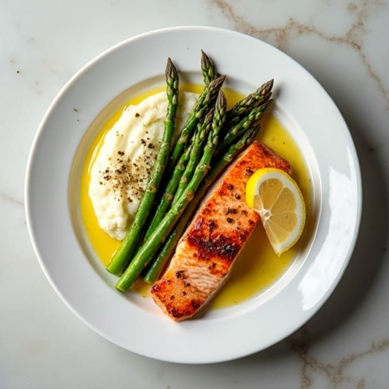 Seared Salmon with Steamed Asparagus and Cauliflower Mash