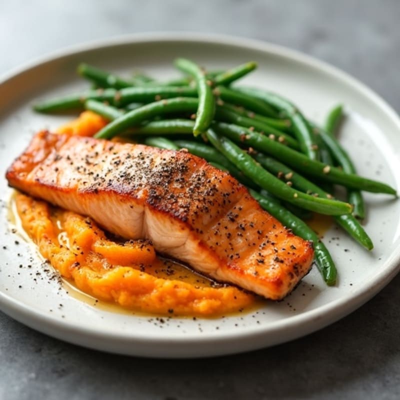 Seared Salmon with Steamed Green Beans and Sweet Potato Mash