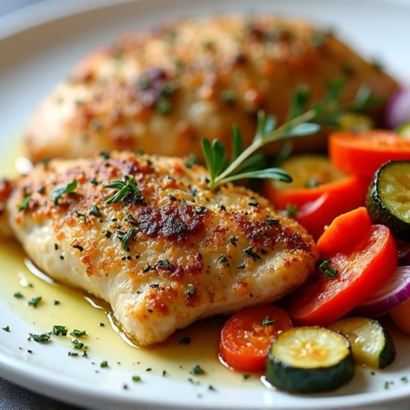 Herb-Crusted Baked Chicken with Roasted Rainbow Vegetables