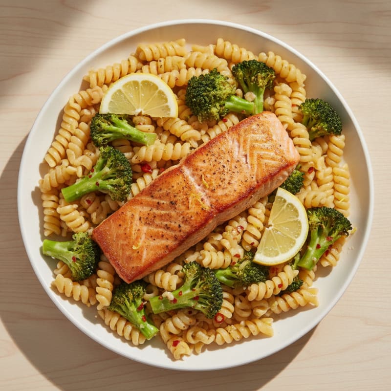 Seared Salmon with Garlicky Broccoli and Chickpea Pasta