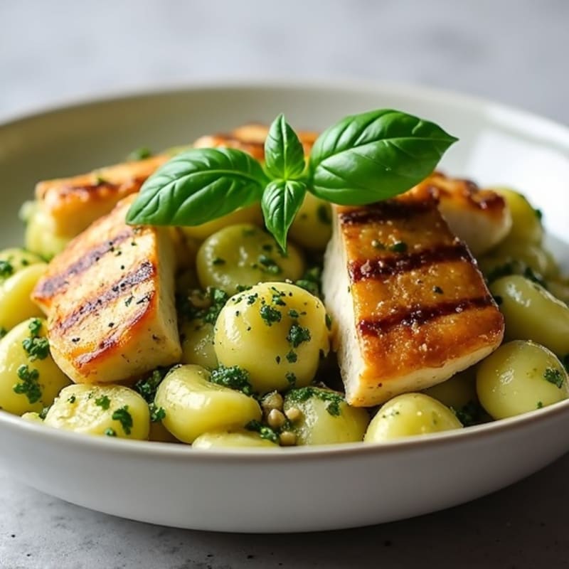 Pillowy Cauliflower Gnocchi with Fresh Basil Pesto and Grilled Chicken