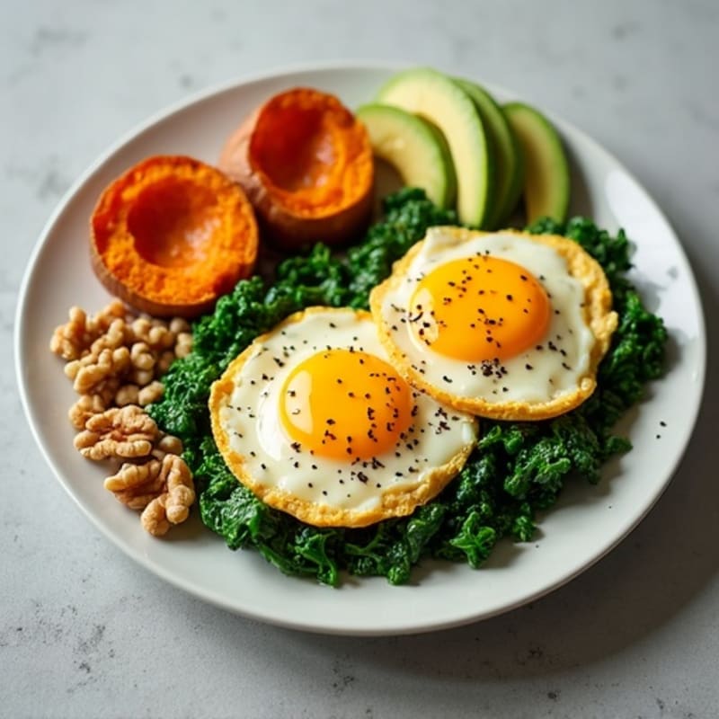 Creamy Scrambled Eggs with Sautéed Spinach and Roasted Sweet Potato