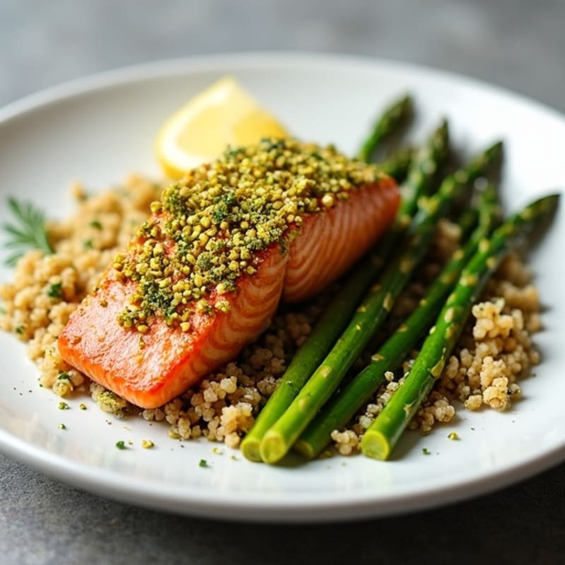 Crispy Pistachio-Crusted Salmon with Roasted Asparagus and Lemon Herb Quinoa