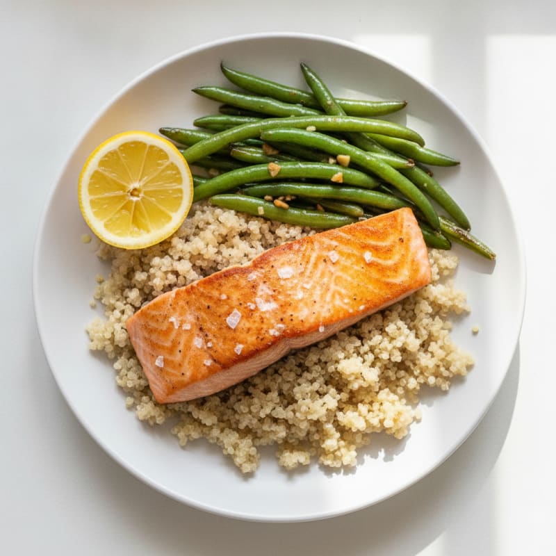 Seared Salmon with Garlic Green Beans and Quinoa