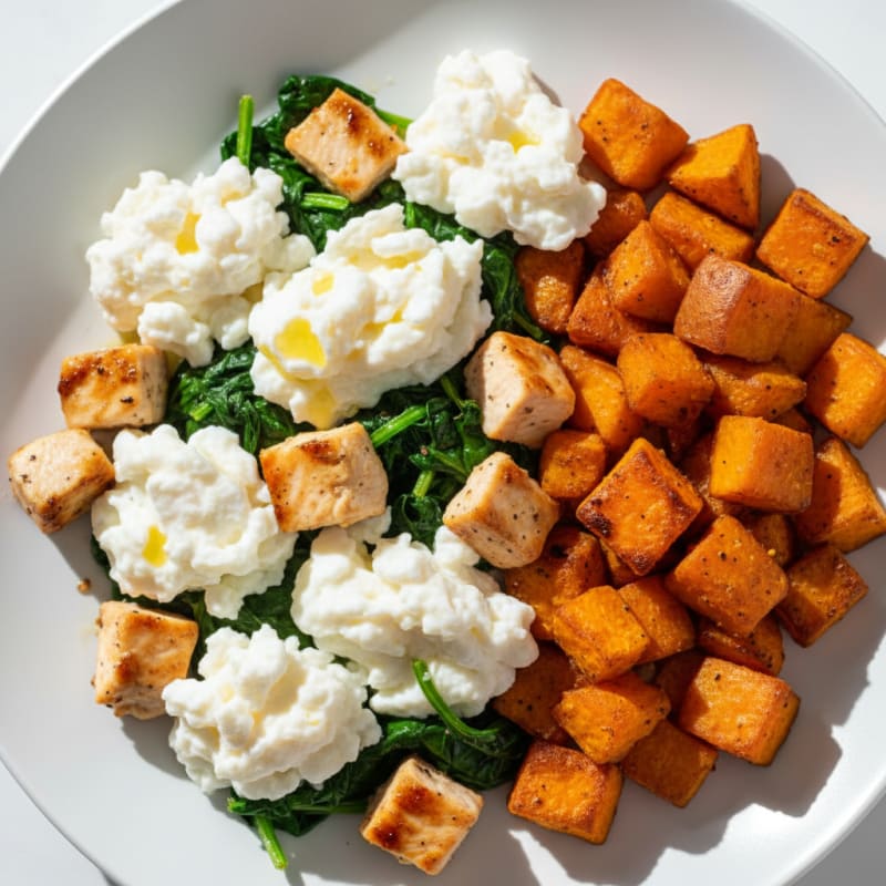 Scrambled Egg Whites with Chicken Breast and Sautéed Spinach