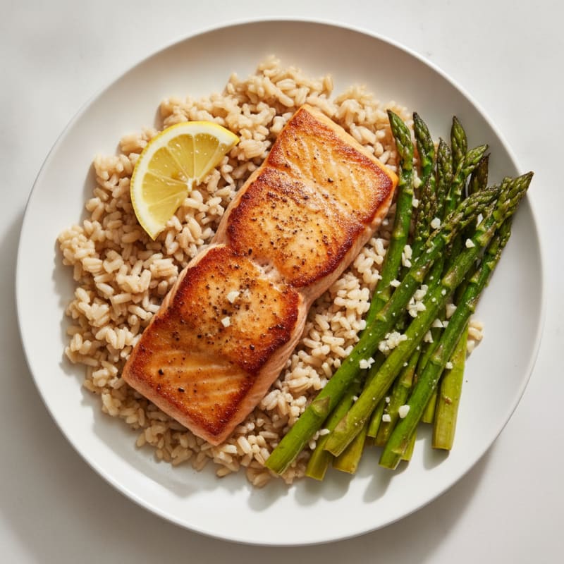 Seared Salmon Fillet with Roasted Asparagus and Brown Rice