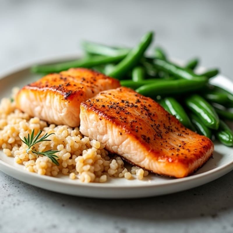 Seared Salmon Fillet with Steamed Green Beans and Brown Rice