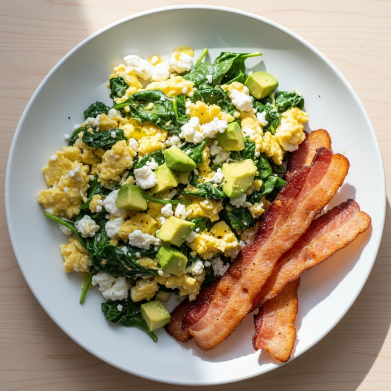 Cottage Cheese Egg Scramble with Spinach and Turkey Bacon