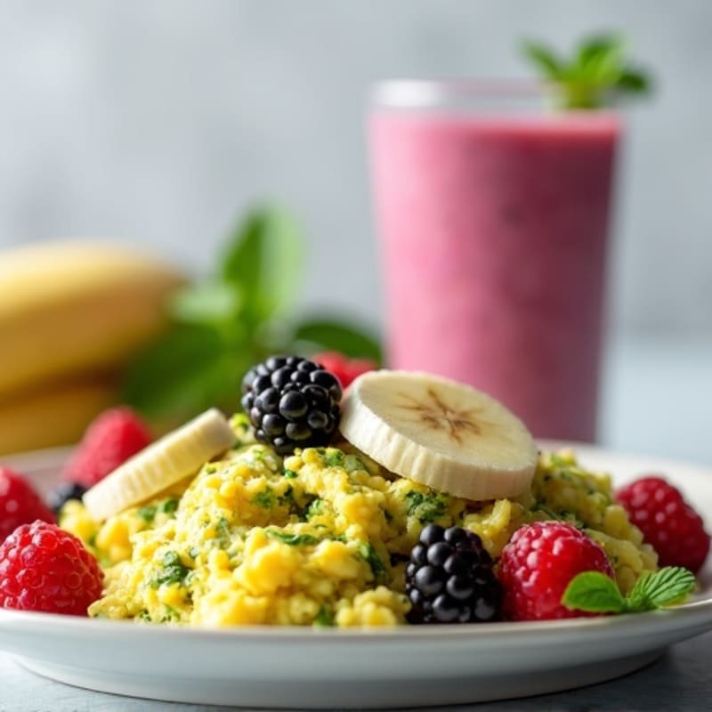 Creamy Spinach Pesto Scrambled Eggs with Berry-Banana Smoothie