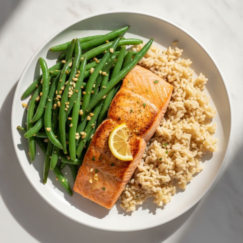 Seared Salmon with Garlic Green Beans and Brown Rice