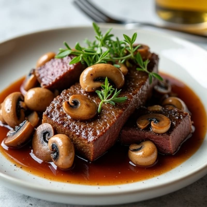 Herb-Braised Tender Beef with Red Wine Mushroom Sauce