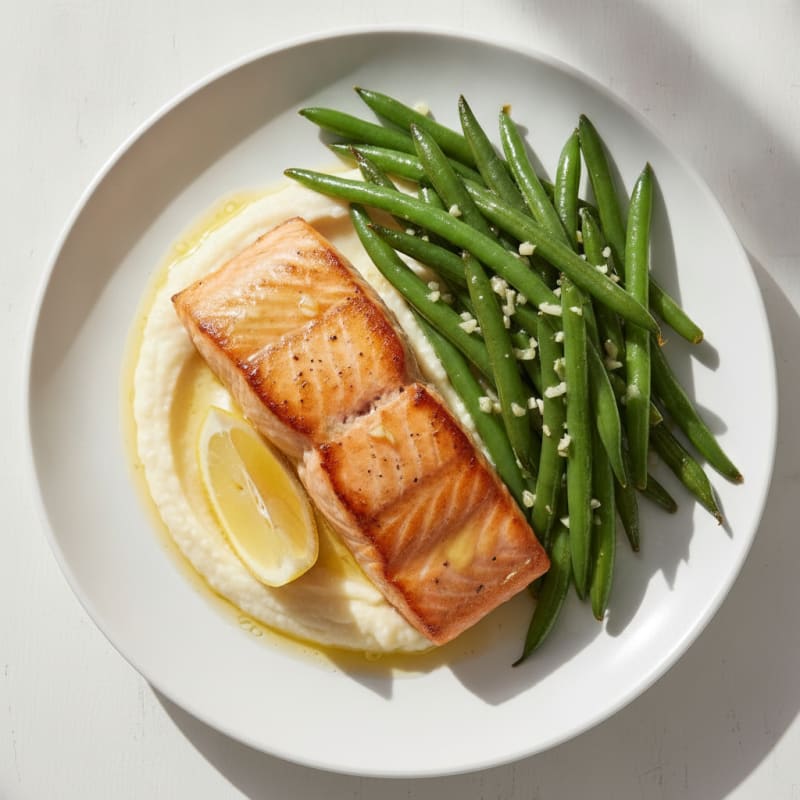 Seared Salmon with Garlic Green Beans and Cauliflower Mash