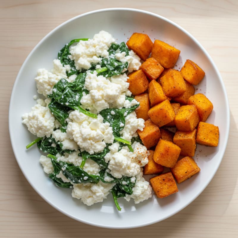 Cottage Cheese and Egg White Scramble with Spinach and Roasted Sweet Potatoes