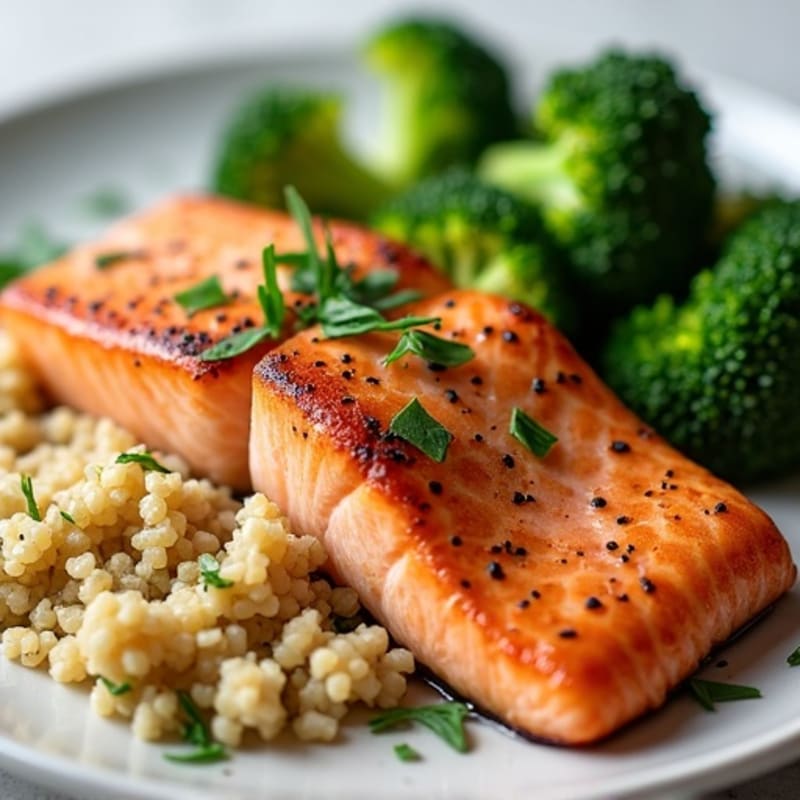 Seared Salmon Fillet with Steamed Broccoli and Quinoa