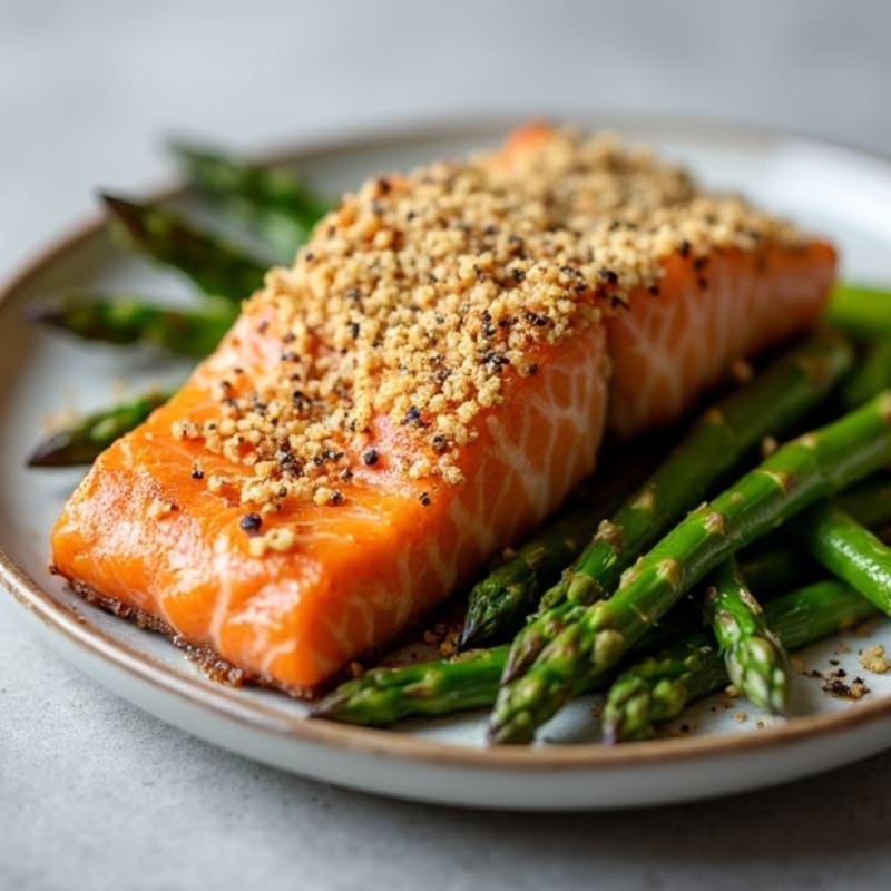 Crispy Everything Bagel Crusted Salmon with Roasted Asparagus