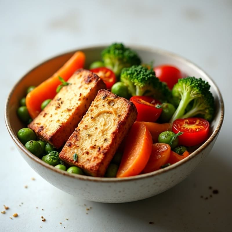 Crispy Tofu with Roasted Vegetables and Peanut Dressing