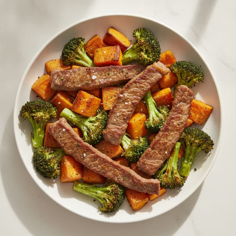 Seared Lean Beef Strips with Roasted Broccoli and Sweet Potato
