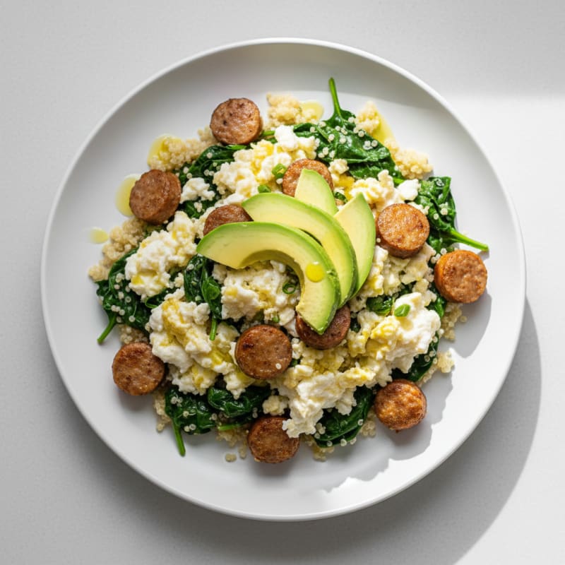 Egg White and Turkey Sausage Scramble with Sautéed Spinach and Quinoa