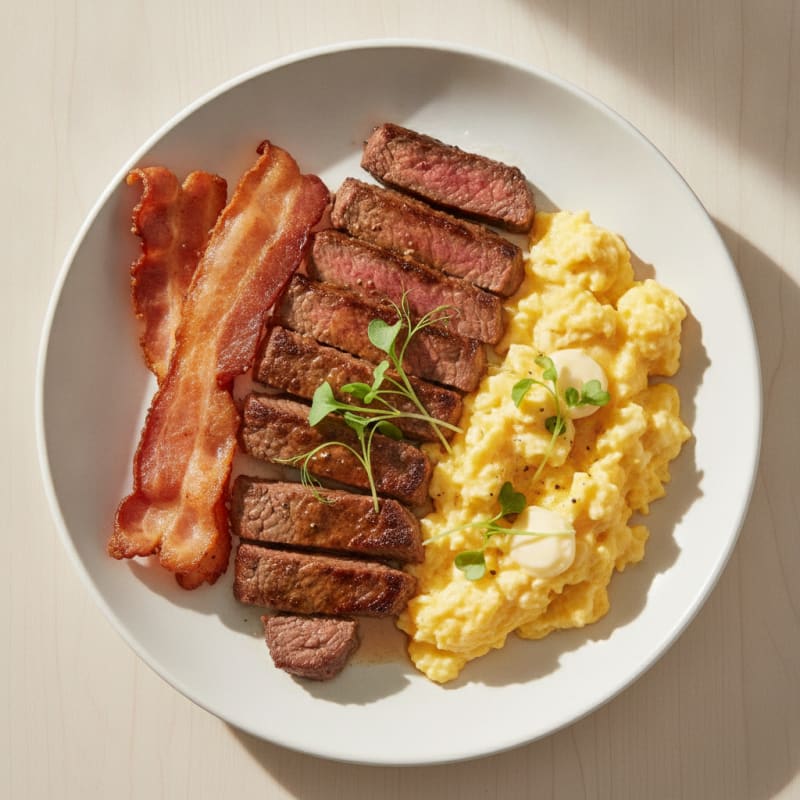 Crispy Bacon and Scrambled Eggs with Seared Sirloin