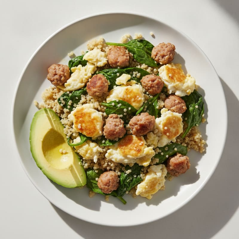 Egg White and Turkey Sausage Scramble with Sautéed Spinach and Quinoa