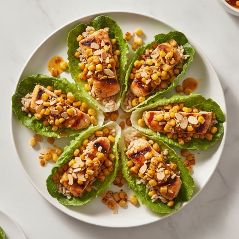 Grilled Chicken Lettuce Wraps with Crunchy Corn and Nut Topping