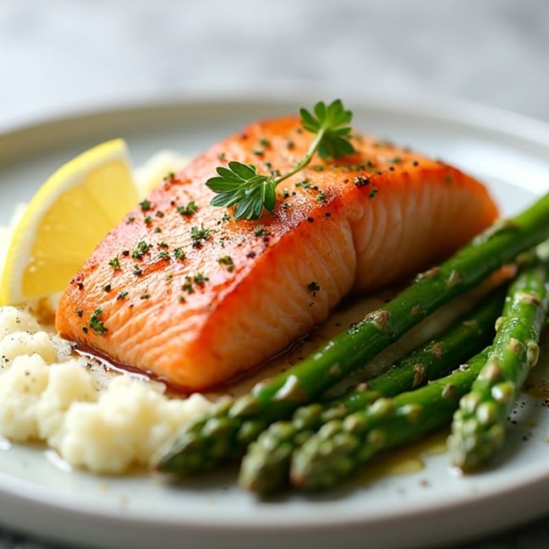 Seared Salmon with Steamed Asparagus and Cauliflower Mash