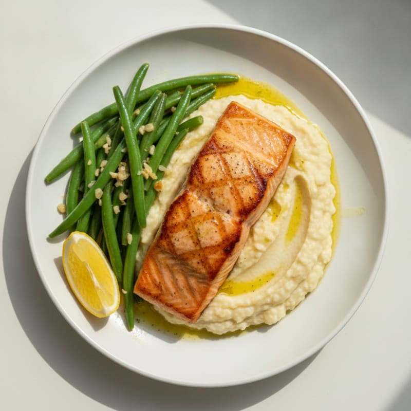 Seared Salmon with Garlic Green Beans and Cauliflower Mash