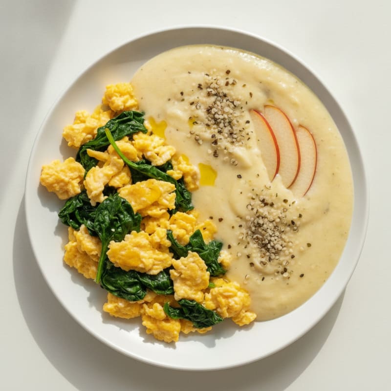 Scrambled Eggs with Sautéed Spinach and Banana Protein Smoothie