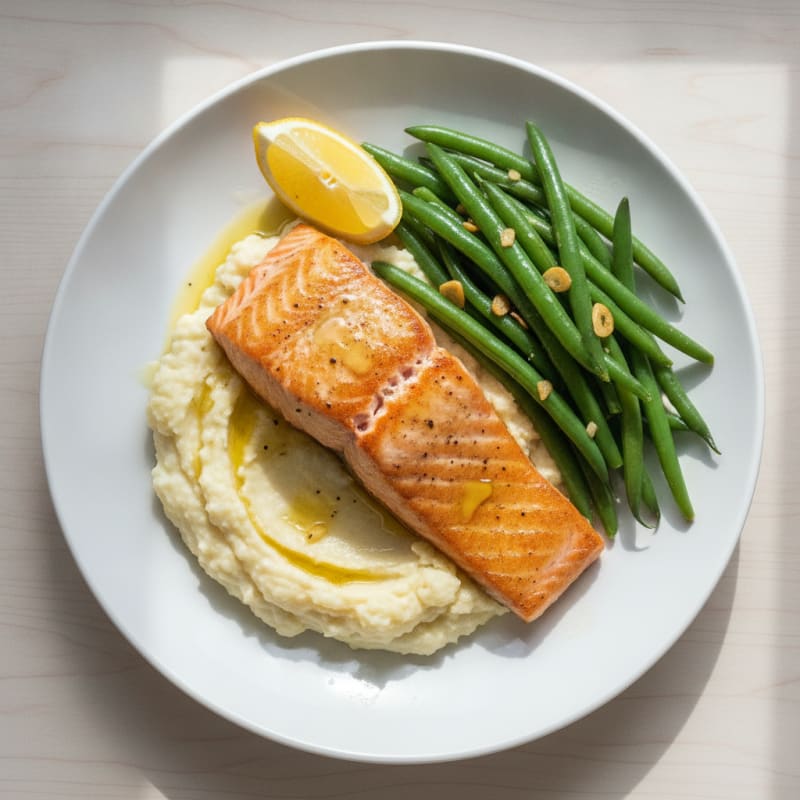 Seared Salmon with Steamed Green Beans and Garlic Mashed Cauliflower