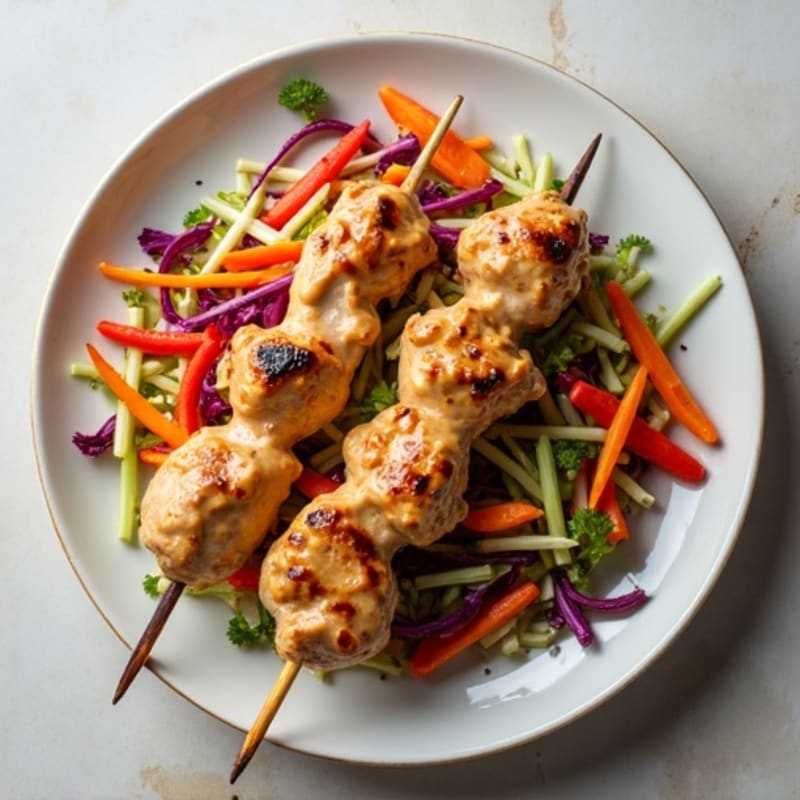 Creamy Peanut Chicken Skewers with Crunchy Rainbow Slaw
