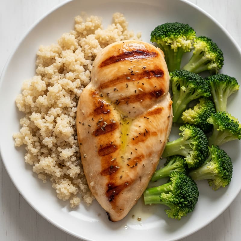 Grilled Lemon Chicken Breast with Quinoa and Steamed Broccoli