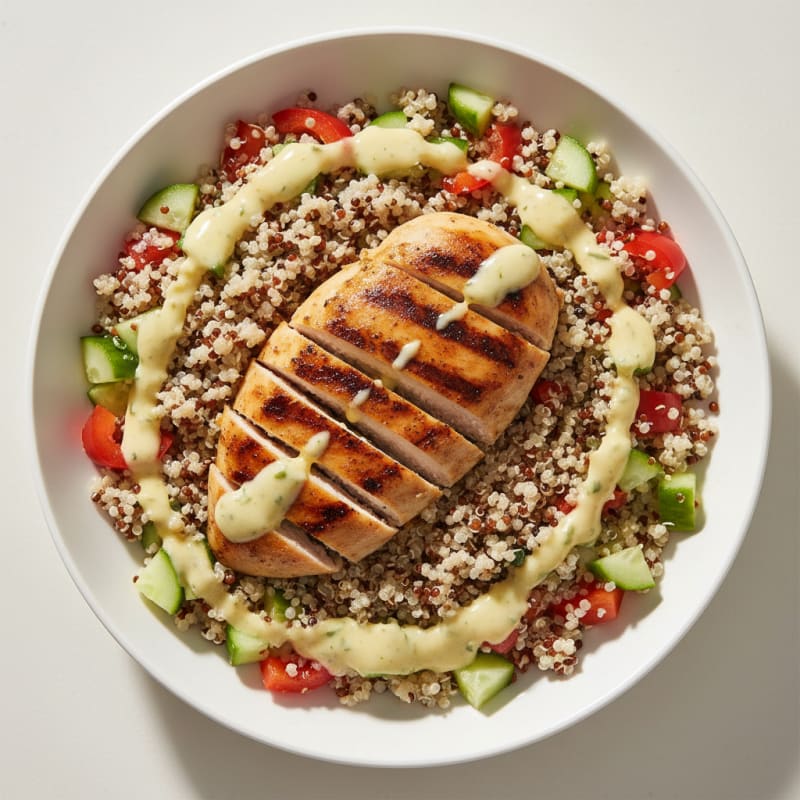 Grilled Chicken and Quinoa Salad with Crunchy Vegetables and Lemon Yogurt Dressing