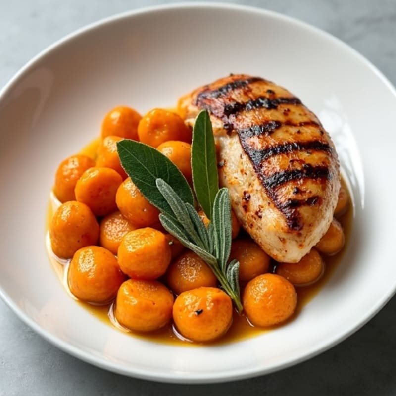 Herb-Roasted Sweet Potato Gnocchi with Sage Brown Butter and Grilled Chicken