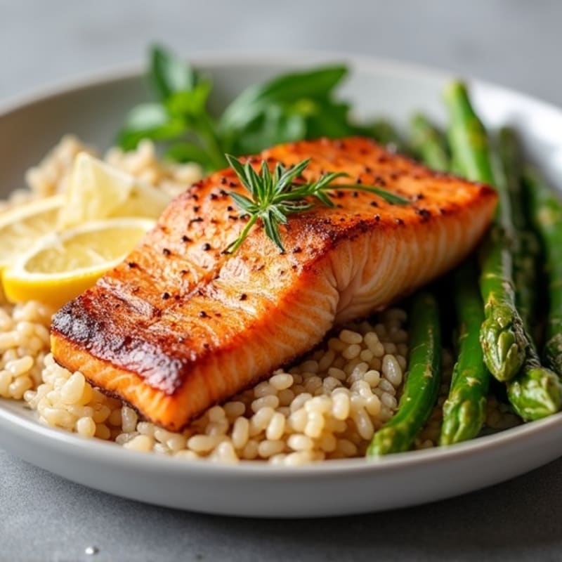 Seared Salmon with Steamed Asparagus and Brown Rice