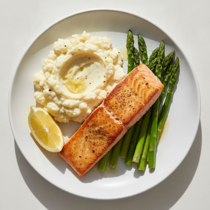 Seared Salmon Fillet with Steamed Asparagus and Garlic Mashed Cauliflower