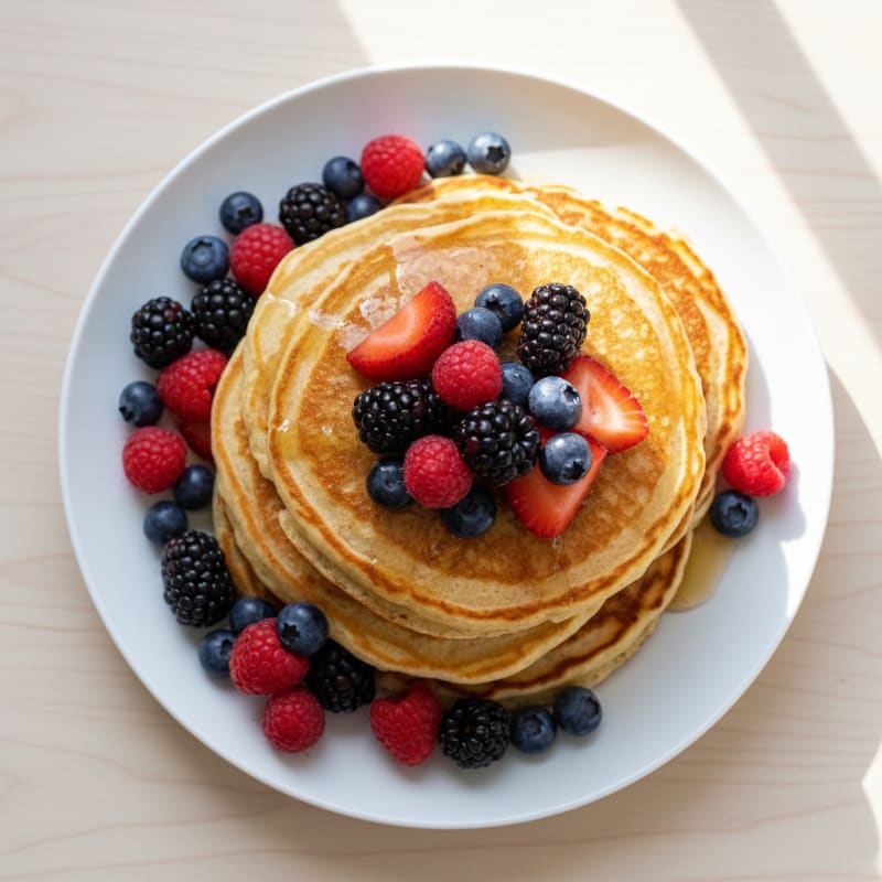 Fluffy Golden Protein Pancakes with Berries