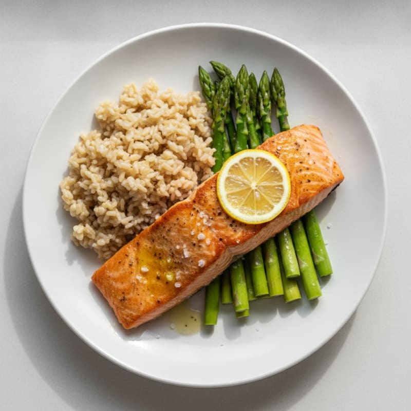 Seared Salmon with Steamed Asparagus and Brown Rice