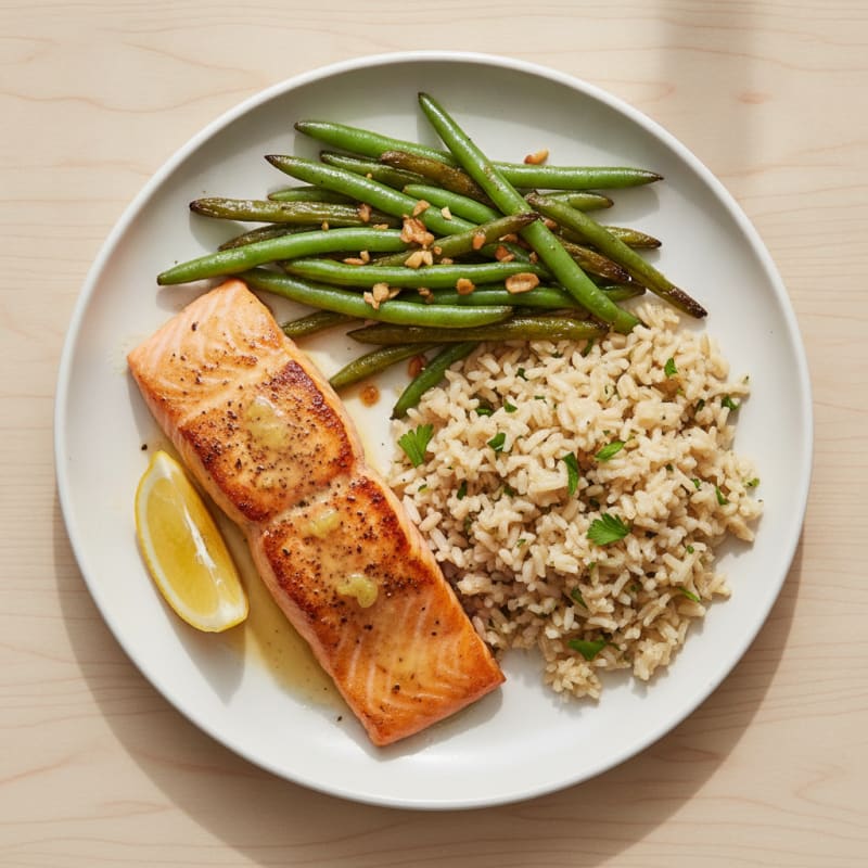Seared Salmon Fillet with Blistered Green Beans and Herbed Brown Rice