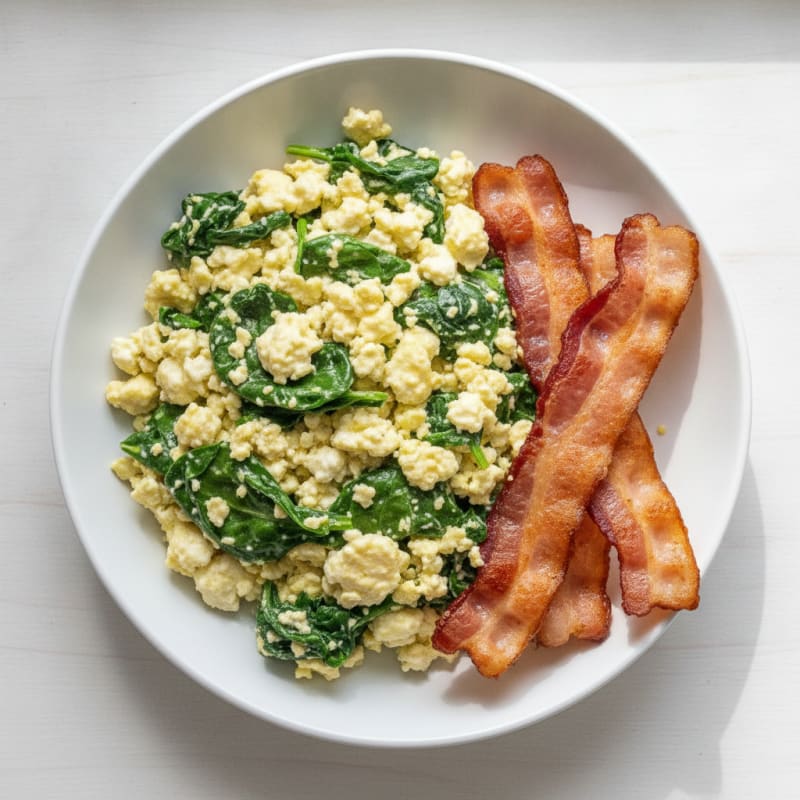 Cottage Cheese Egg Scramble with Spinach and Turkey Bacon