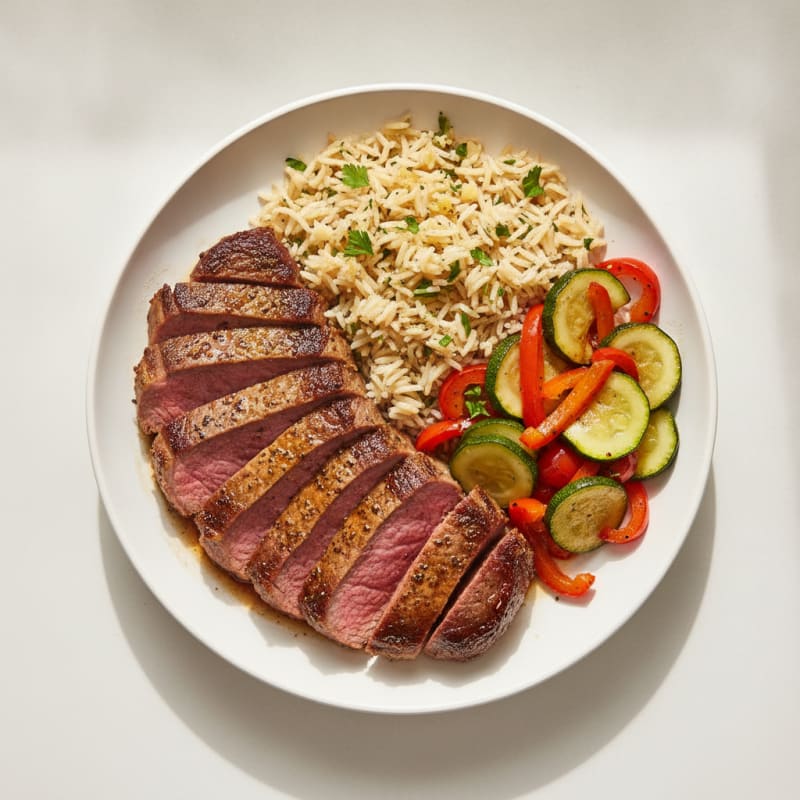 Pan-Seared Steak with Mixed Vegetables and Herb Rice