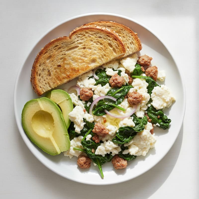 Egg White Scramble with Turkey Sausage and Sautéed Spinach