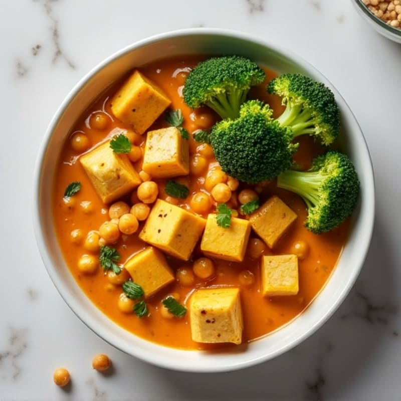 Creamy Tofu and Chickpea Curry with Grilled Broccoli