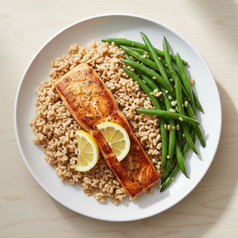 Seared Salmon with Garlic Green Beans and Brown Rice