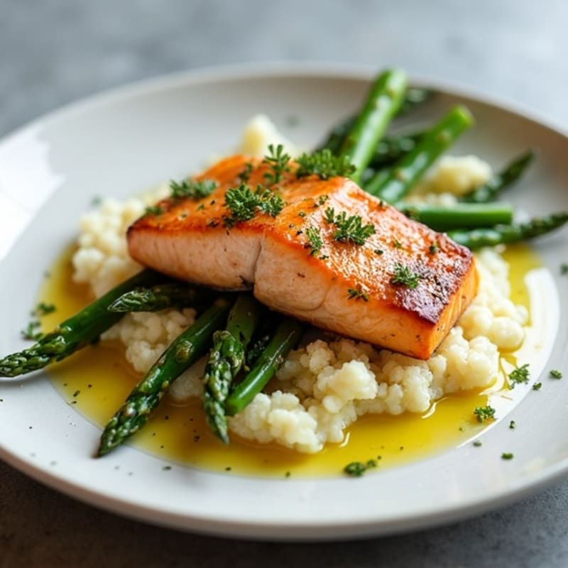 Seared Salmon with Steamed Asparagus and Garlic Cauliflower Mash