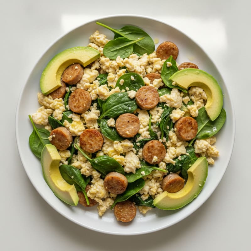 Crispy Turkey Sausage and Egg White Scramble with Spinach