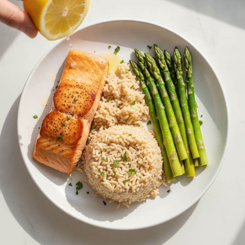 Seared Salmon with Steamed Asparagus and Brown Rice
