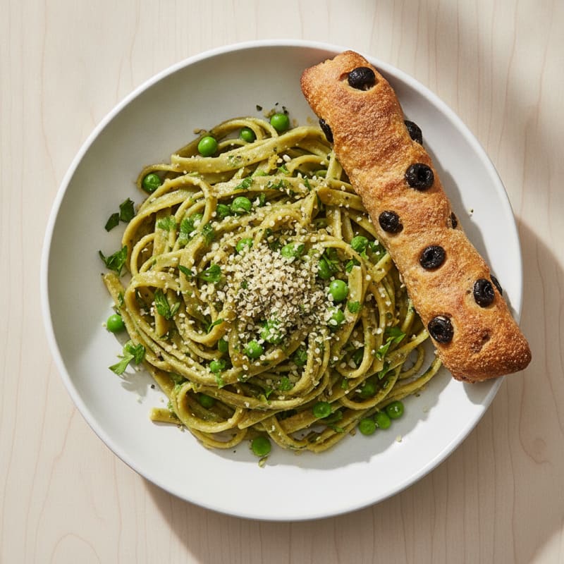 Lemon-Herb Edamame Pasta with Olive Breadsticks